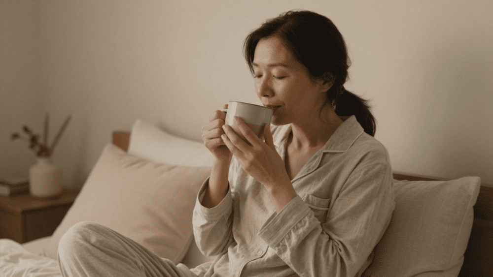 Mulher tomando um chá e preparando o ambiente do quarto para evitar a insônia na menopausa.
