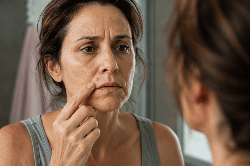 Mulher com acne na menopausa se olhando no espelho.