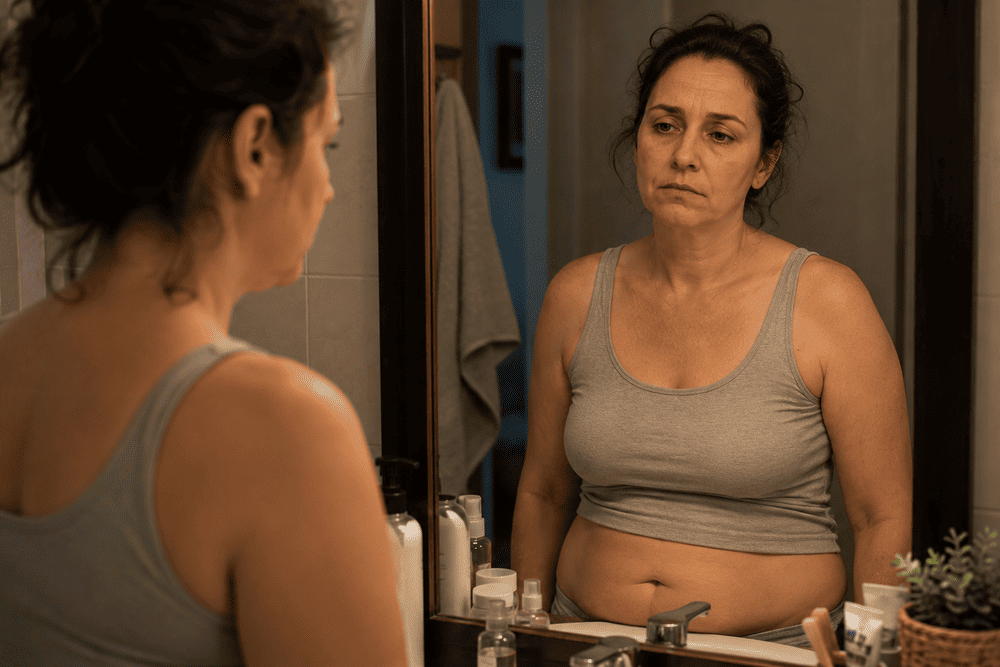 Mulher com baixa autoestima na menopausa, se olhando no espelho e se sentindo triste com a imagem que vê.