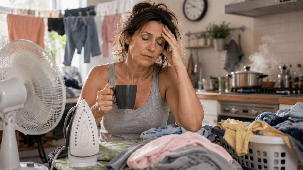 Mulher com sintomas da menopausa durante sua rotina de afazeres domésticos.