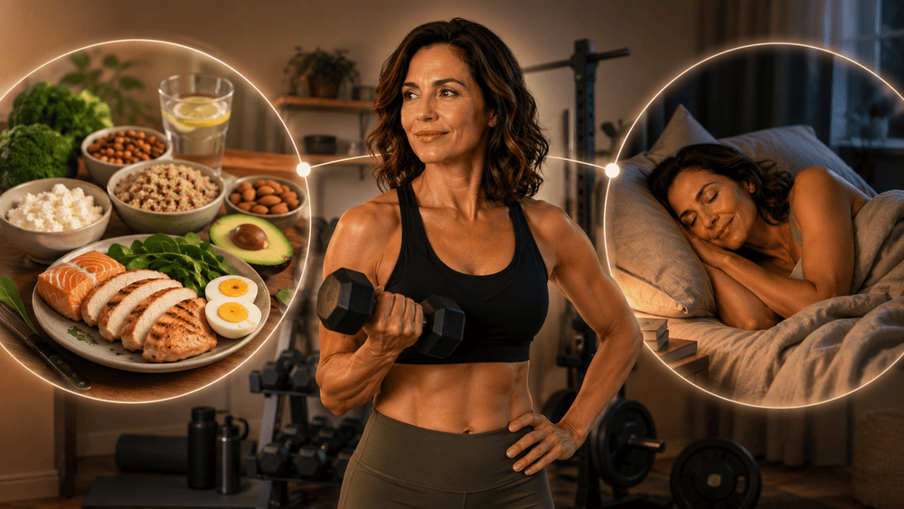 A imagem mostra como ganhar massa muscular depois dos 40 em três pilares, alimentação, musculação e sono de qualidade.