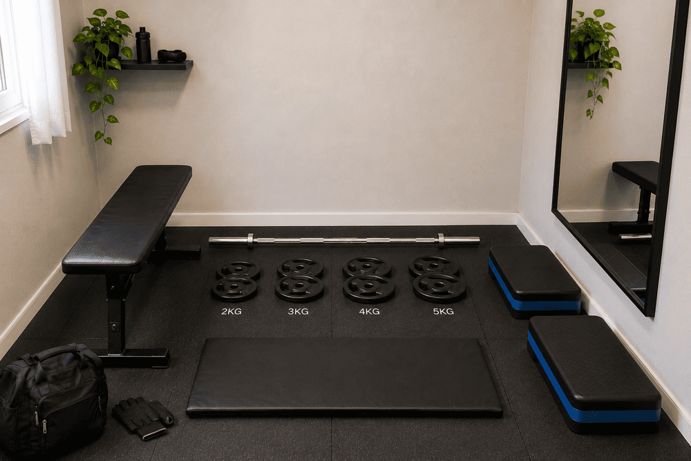 Equipamentos para treinar em casa montados em um cantinho da sala.