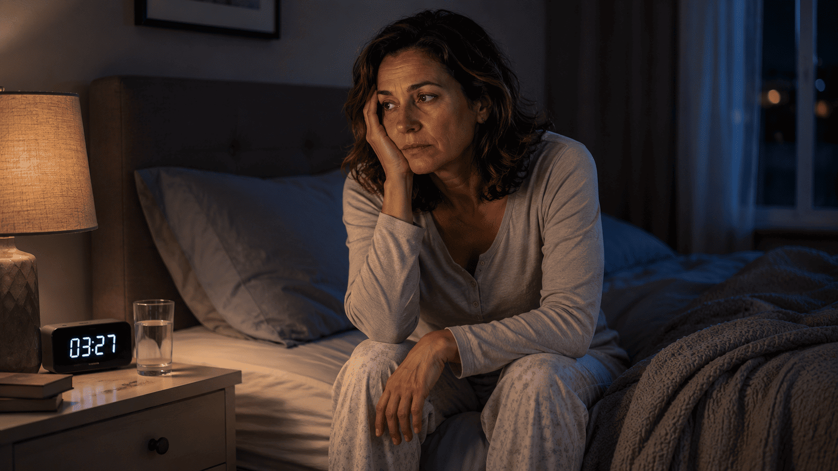 Mulher 40+ com insônia antes de conhecer o tri magnésio inositol relax.