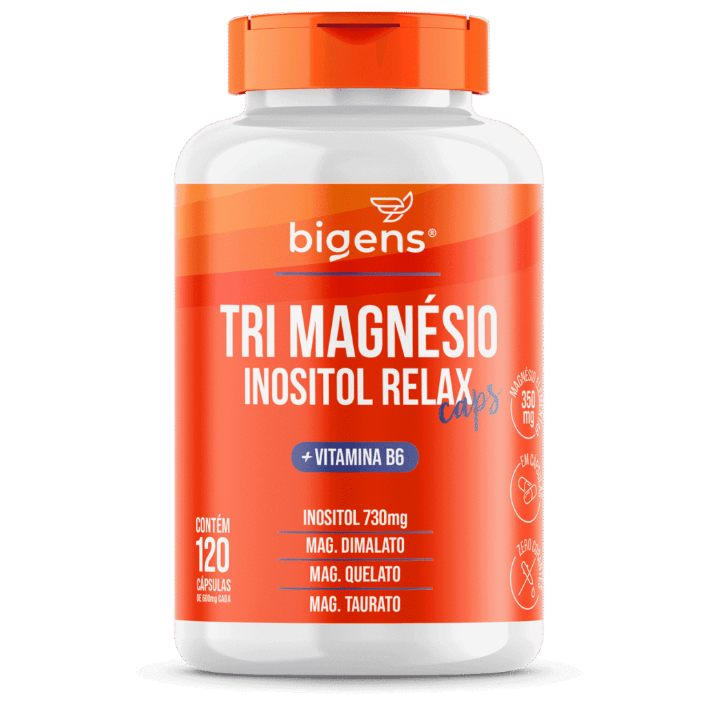 Imagem do frasco do Tri magnésio inositol relax Bigens com 120 cápsulas.