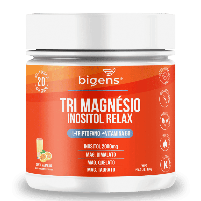 Imagem do pote do Tri magnésio inositol relax em pó sabor maracujá.