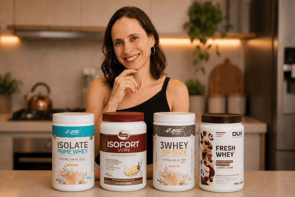 Minha foto com 4 das marcas testadas para escolher o melhor whey protein custo benef&iacute;cio.