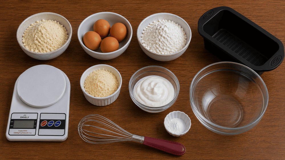 Todos os utensílios e ingredientes usados no preparo do pão de iogurte e queijo sem glúten