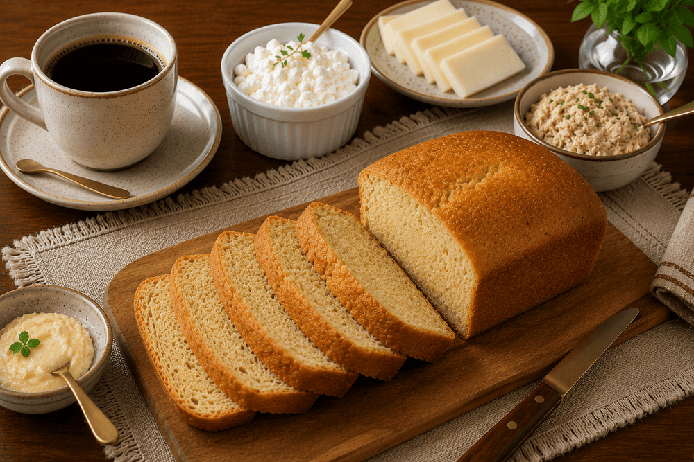 Mesa de café com o pão de iogurte e queijo sem glúten e acompanhamentos de pastinhas e queijos