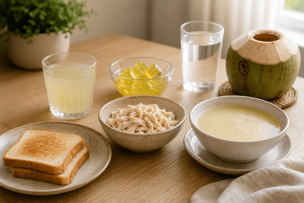 Primeiro dia do preparo para colonoscopia e alguns dos alimentos permitidos, como sucos, água de coco, sopa, frango desfiado, torradas e gelatina.