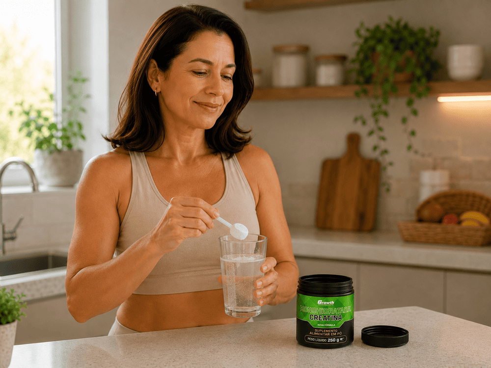 Mulher 40+ pensando em creatina para que serve enquanto coloca uma dose em um copo de água.